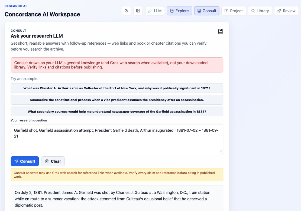 Consult workspace with research question and readable LLM answer.