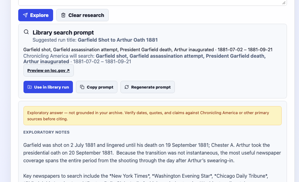 Library search prompt with date range and Chronicling America query for the Garfield assassination.