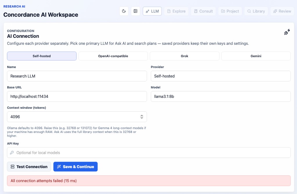 LLM setup screen with self-hosted Ollama connection options.